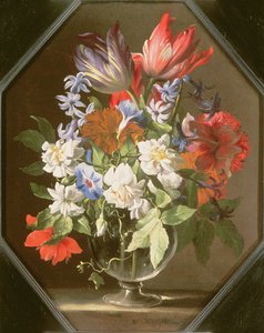 Um, vaso, de, flores, ligado, um, borda pedra, contendo, tulips, crisântemos, dálias, e, narcissi, 17o século